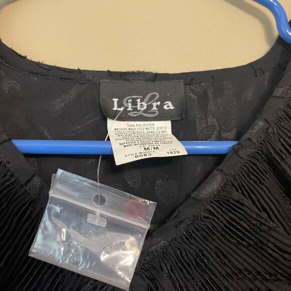 Libra Vintage Sheer Floral Textured Black Frill Cuff Button Up Blouse Medium - Picture 8 of 13